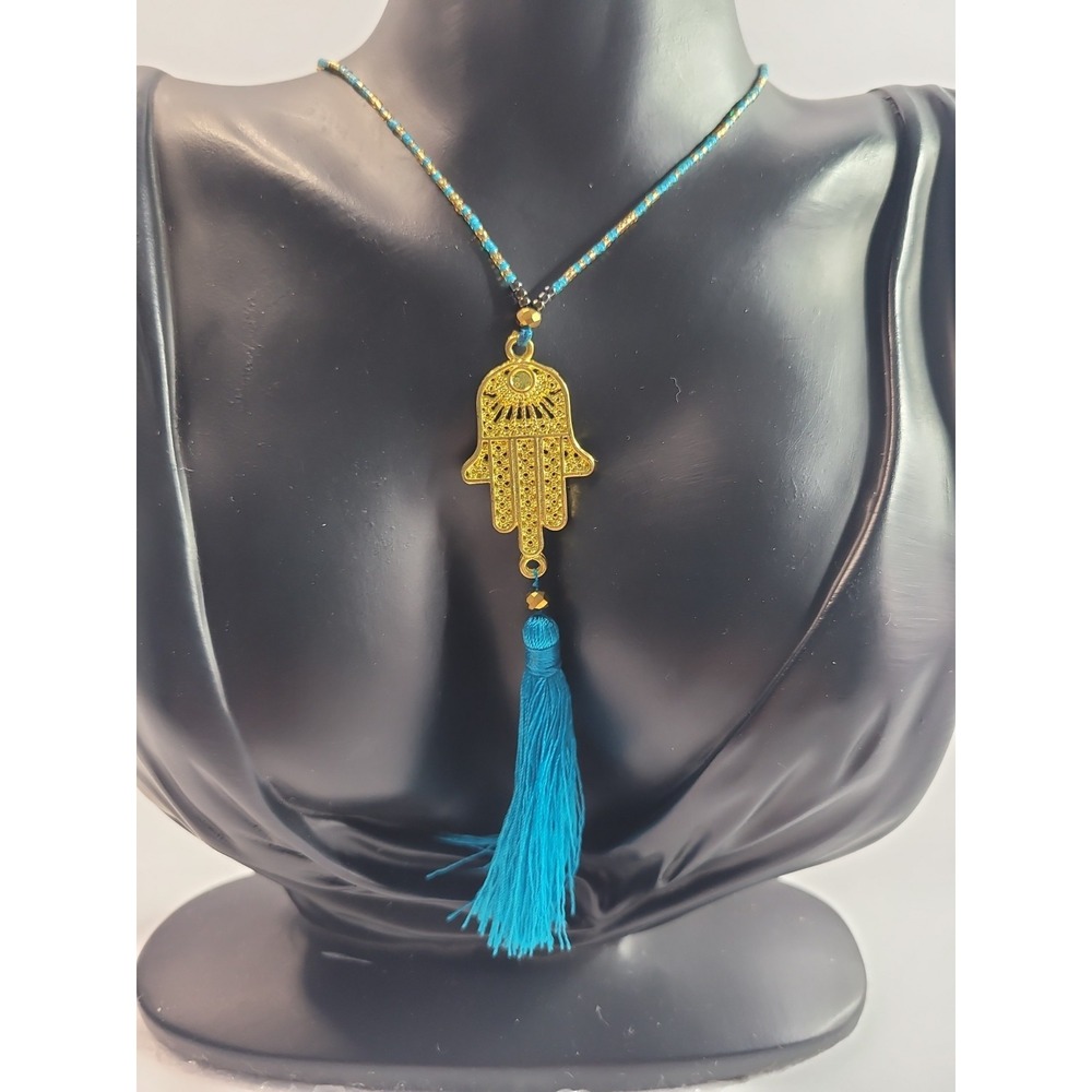 Gold Tone Hamsa Hand Blue Tassel Necklace Beaded Boho Evil Eye Protection - Picture 4 of 8